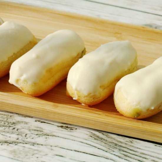 Matcha and white chocolate eclairs
