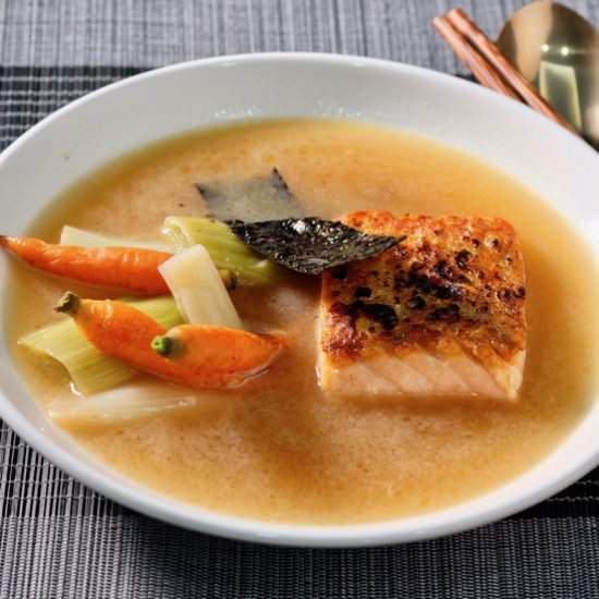 Leeks carrots salmon miso broth