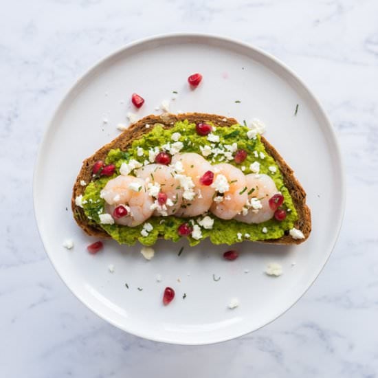 Minted Pea Purée Tartine with Prawn