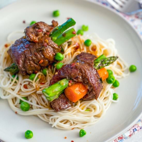 Beef, Asparagus, and Carrot Rolls