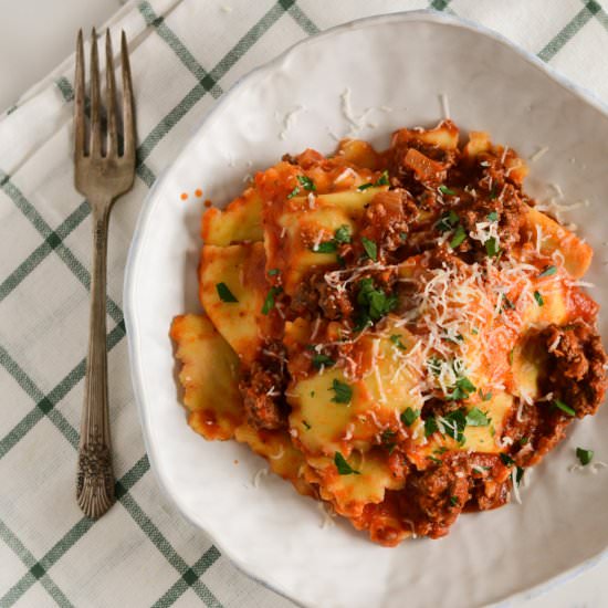 Porcini Ravioli with Meat Sauce