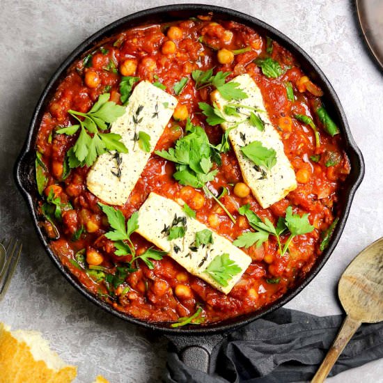 Baked Feta with Chickpeas & Spinach