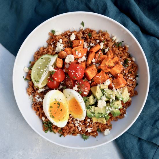 farro bowl with soft boiled egg