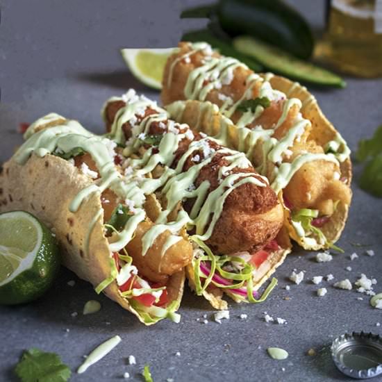Fish Tacos with Avocado Lime Sauce