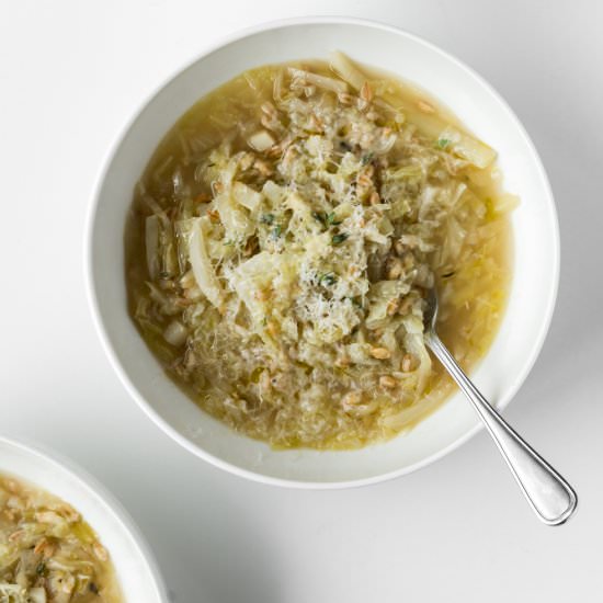 cabbage, onion and farro soup