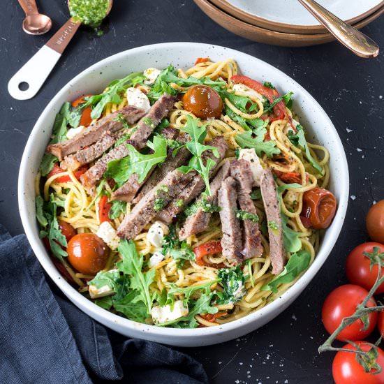 Steak and Pesto Spaghetti
