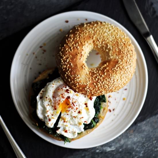 Quick Poached Egg & Garlic Spinach