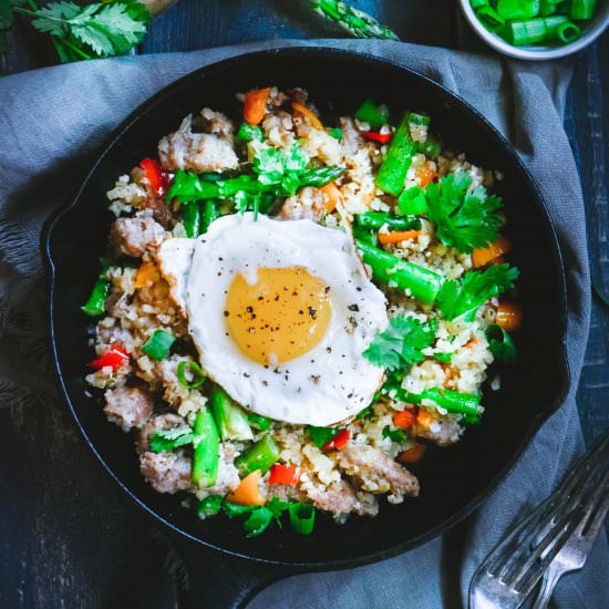 asparagus sausage scramble with egg