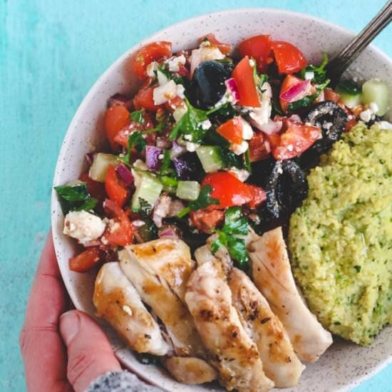 Greek Salad Hummus Chicken Bowls