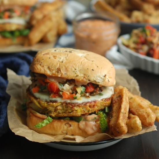 Stuffed Artichoke Muffuletta Burger