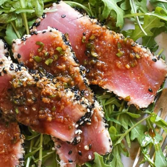 Sesame Crusted Tuna Steak On Arugula