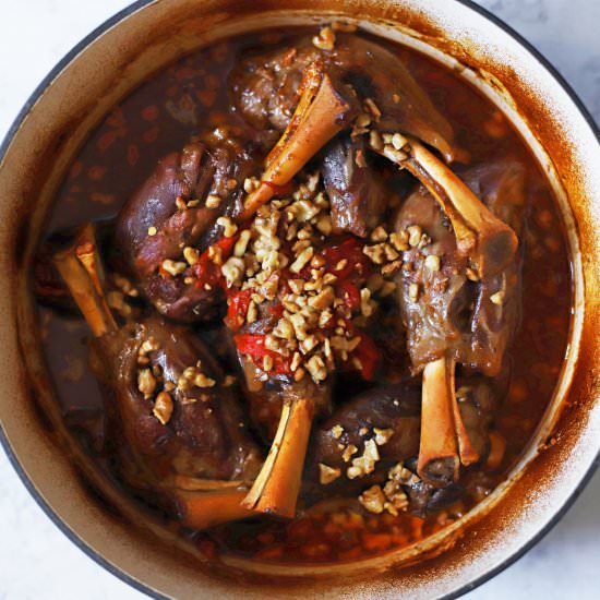 muhammara-inspired lamb shanks