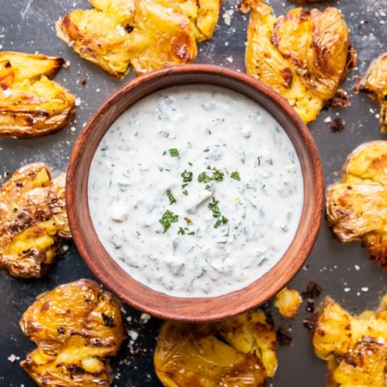 Smashed Potatoes with Mint Feta Dip