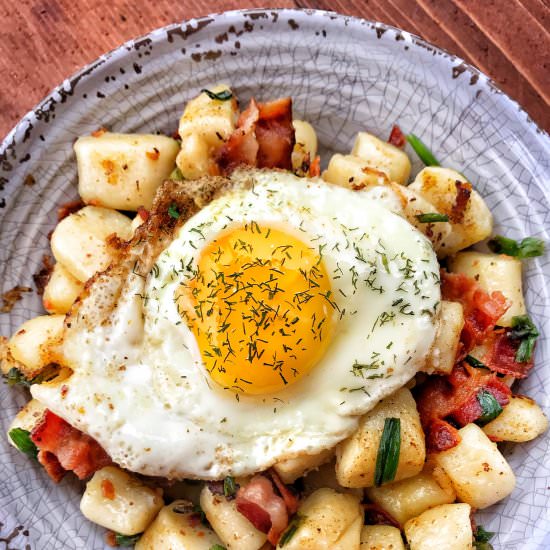 Bacon Fat Fried Dumpling with Egg