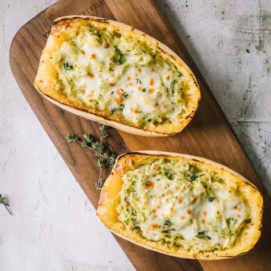 Cheesy Pesto Spaghetti Squash