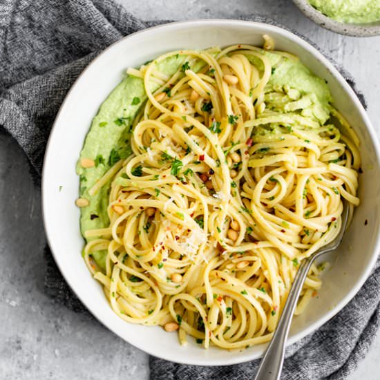 Garlic Linguini with Pea Ricotta