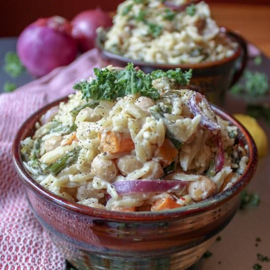 Creamy orzo with roasted vegetables