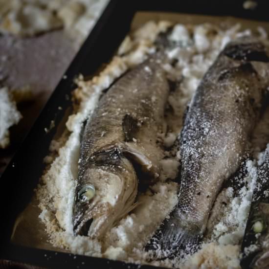 Sea bass baked in salt crust