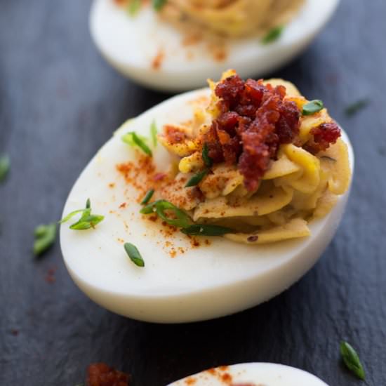 Chipotle Deviled Eggs with Chorizo
