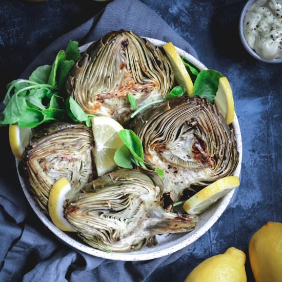 roasted artichokes with lemon aioli
