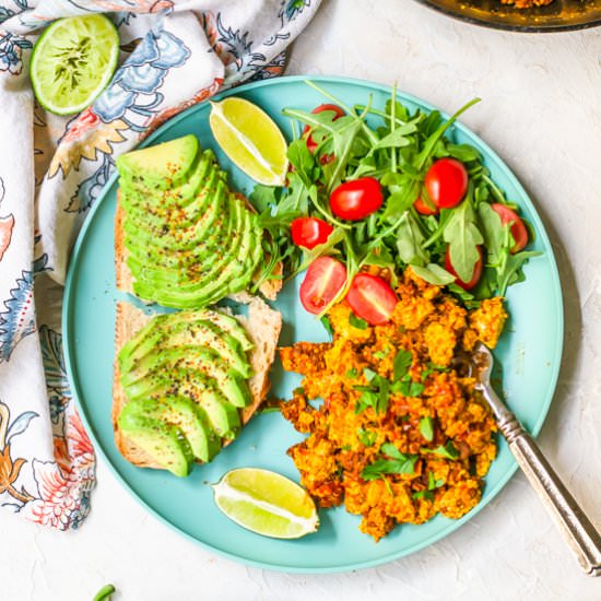 Spicy soy chorizo tofu scramble