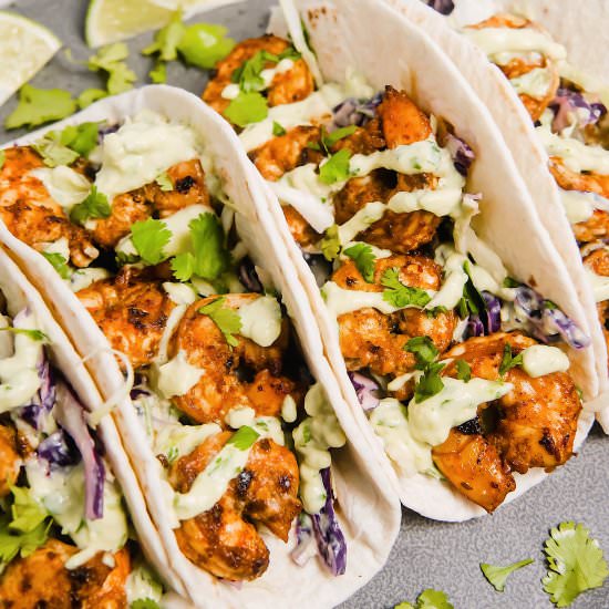Spicy Shrimp Tacos w/ Avocado Crema