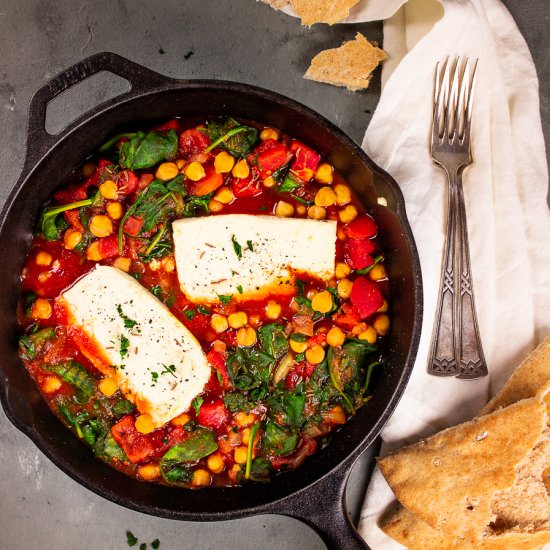 Vegan Feta Chickpea Spinach Skillet