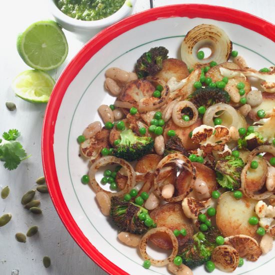 Grilled veggies & peas warm salad