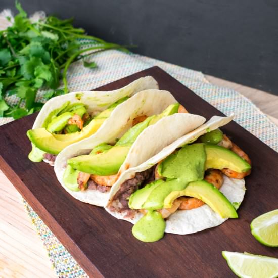Shrimp tacos w/ spicy cilantro mayo