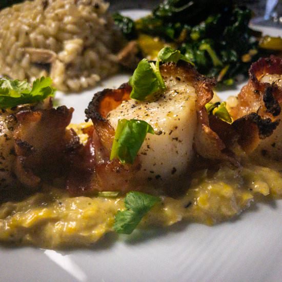 Bacon-Wrapped Scallops with Corn