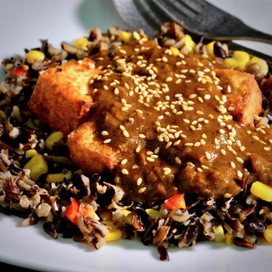 Crispy tofu, curry sauce, wild rice