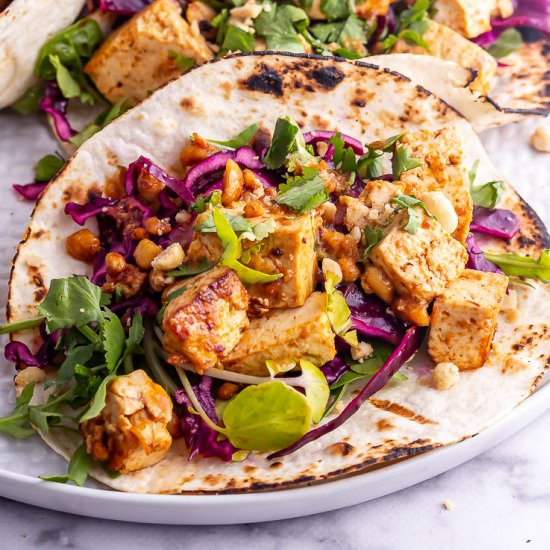Peanut Tofu Tacos with Cabbage Slaw