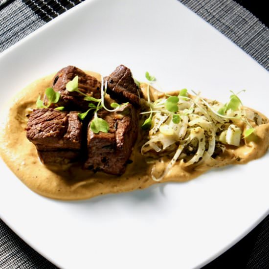 Lamb on a roasted eggplant puree