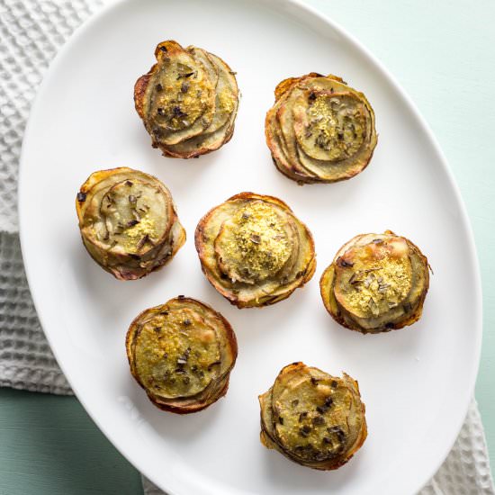 vegan “cheesy” potato stacks