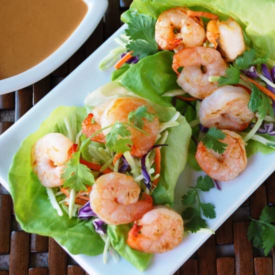 Shrimp Lettuce Wraps & Peanut Sauce