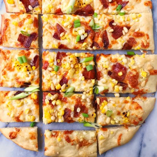 Corn Bacon and Pine Nut Pizza