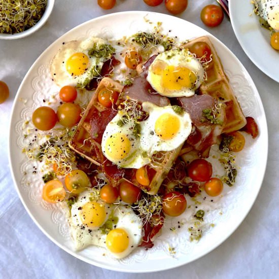 Waffle, quail eggs, bacon and maple