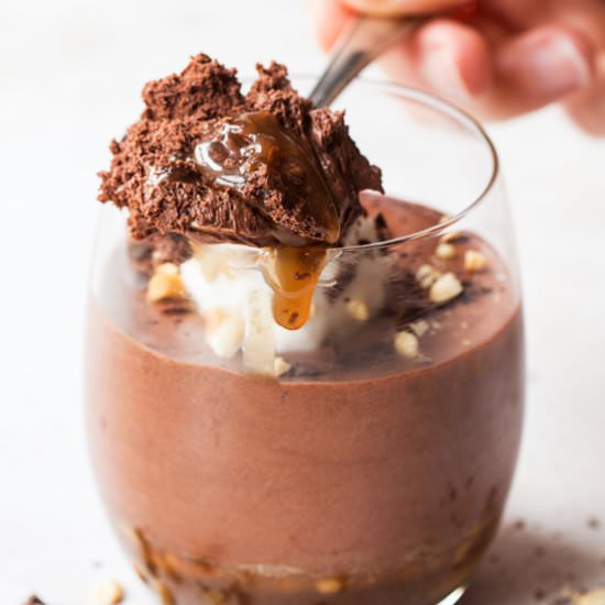 Caramel and choc mousse (V,GF)