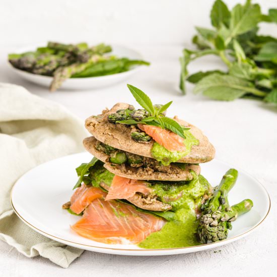 Gluten free pancakes with asparagus