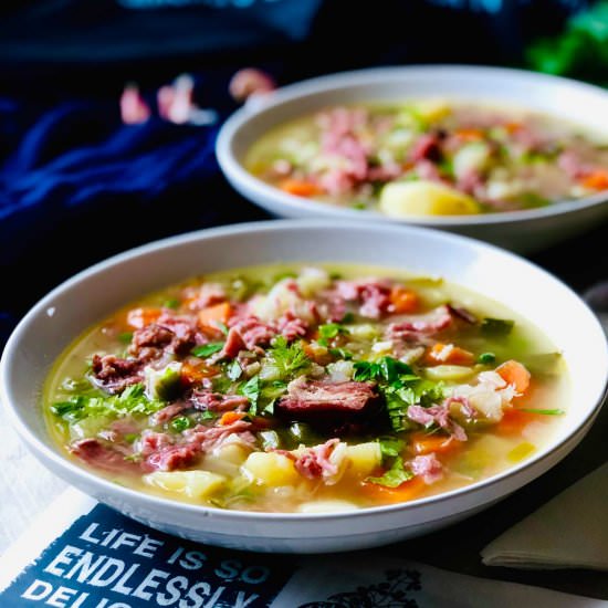 Potato soup with ham hock and petit