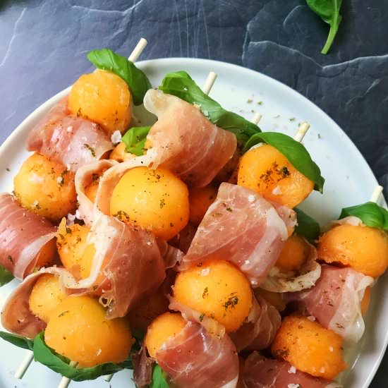 Prosciutto Melon Basil Skewers