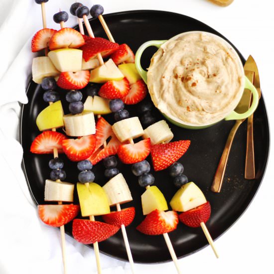 Fruit kabobs with peanut butter dip
