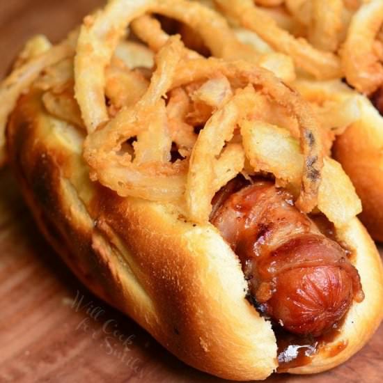 Bacon and Fried Onions BBQ Hot Dogs