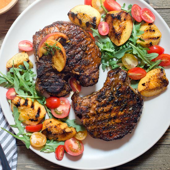 Peach mustard grilled pork chops