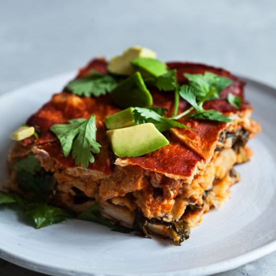 Vegan chick’n enchilada casserole