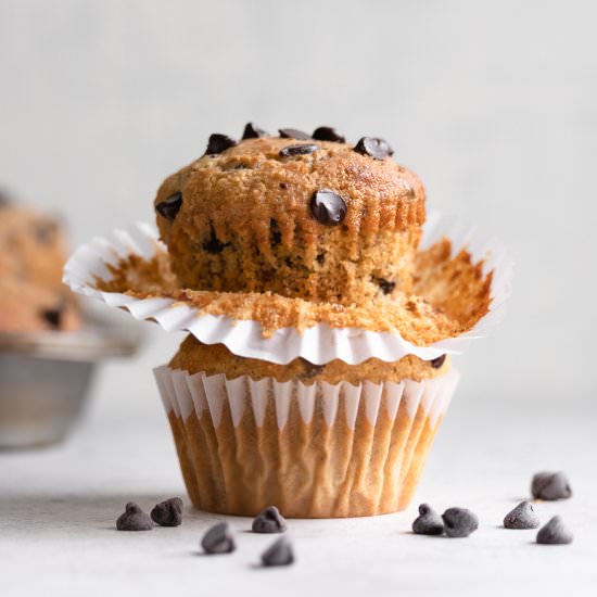 Keto PB Banana Choco-Chip Muffins