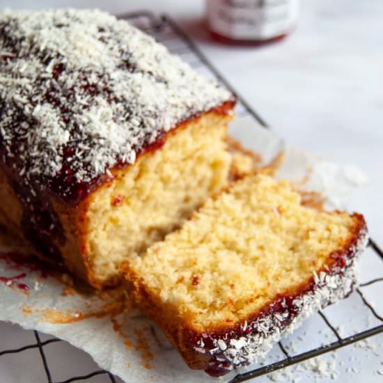 Coconut and Raspberry Jam Cake