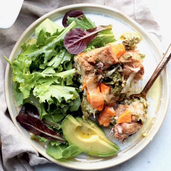 sweet potato, kale & fontina strata