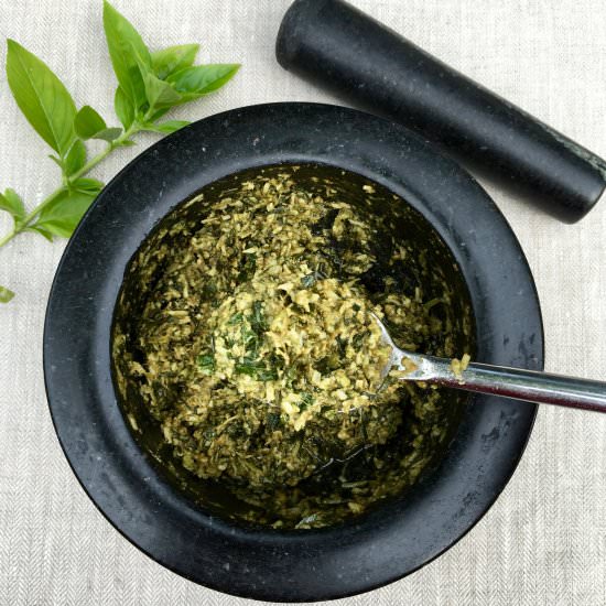 Pesto using a Mortar and Pestle