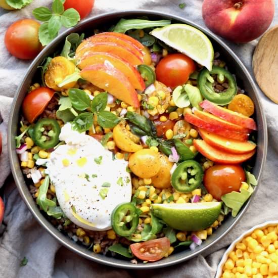 corn, tomato, peach & burrata bowl